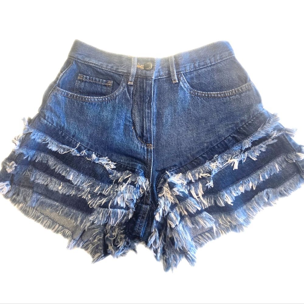Venus High Waist Flare Tiered Frayed Hem Denim Jean Shorts, 2